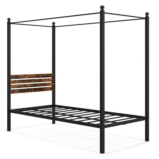 Infans Twin Size Canopy Bed Frame 4-Poster Platform Bed Frame w/ Industrial Headboard