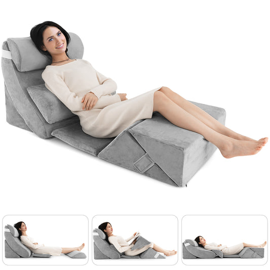 Infans 7PCS Bed Wedge Pillow Set Adjustable Back Neck Leg Support Memory Foam Grey