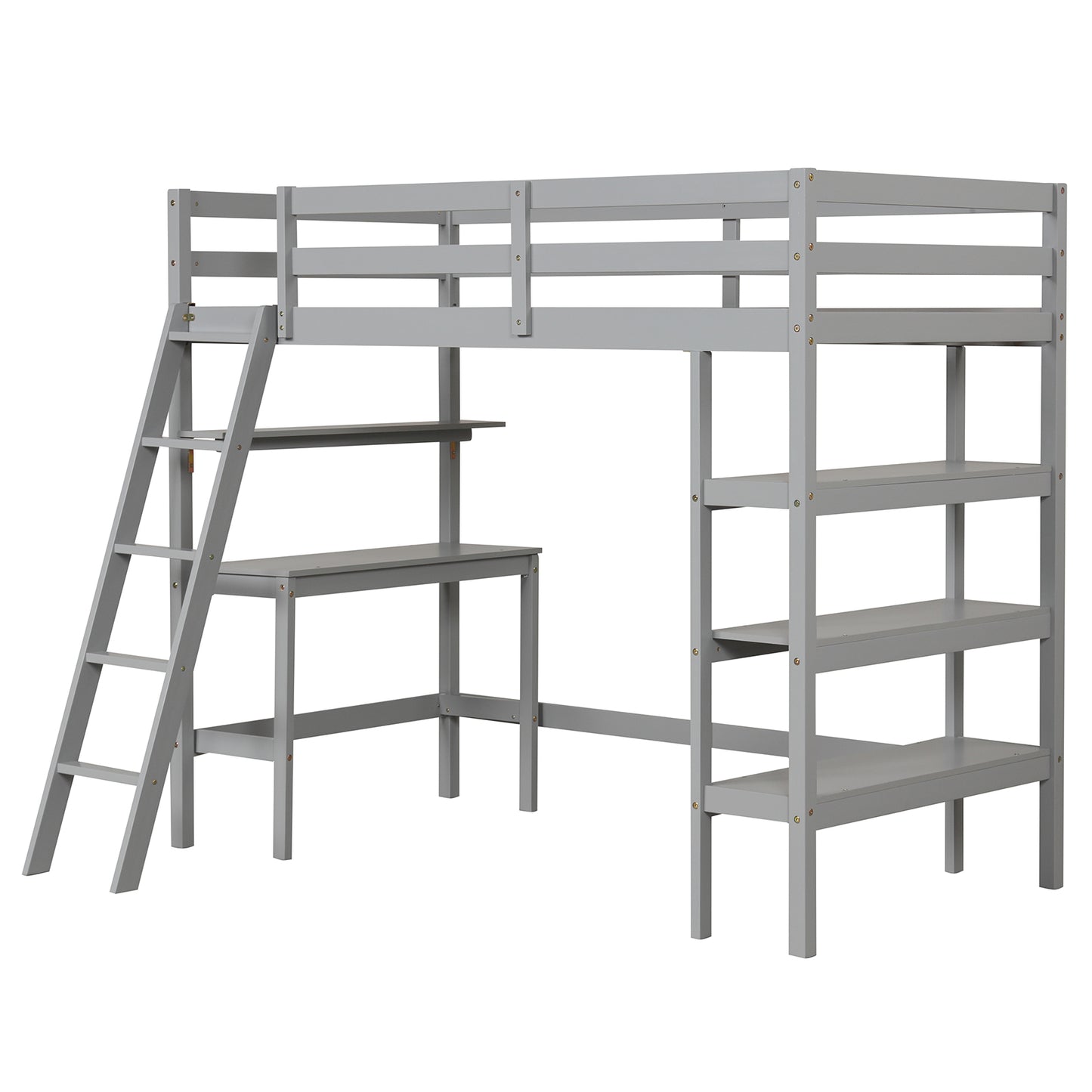 Infans Twin Size Solid Wood Loft Bed with Desk & Bookshelves, Ladder & Guardrails Gray
