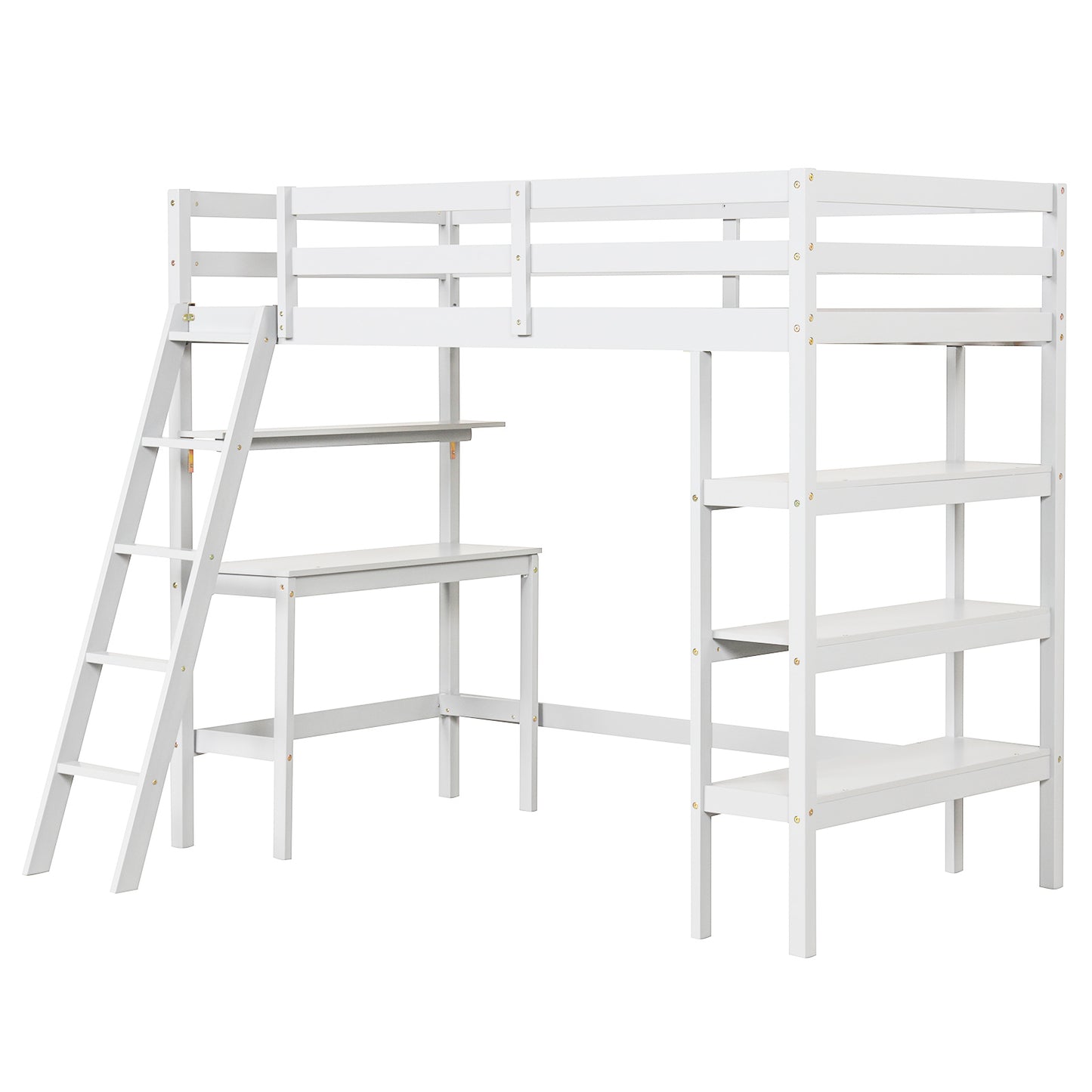Infans Twin Size Solid Wood Loft Bed with Desk & Bookshelves, Ladder & Guardrails White