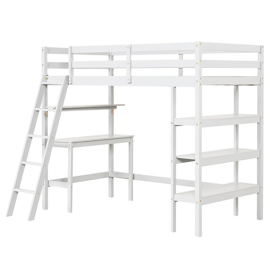Infans Twin Size Solid Wood Loft Bed with Desk & Bookshelves, Ladder & Guardrails White