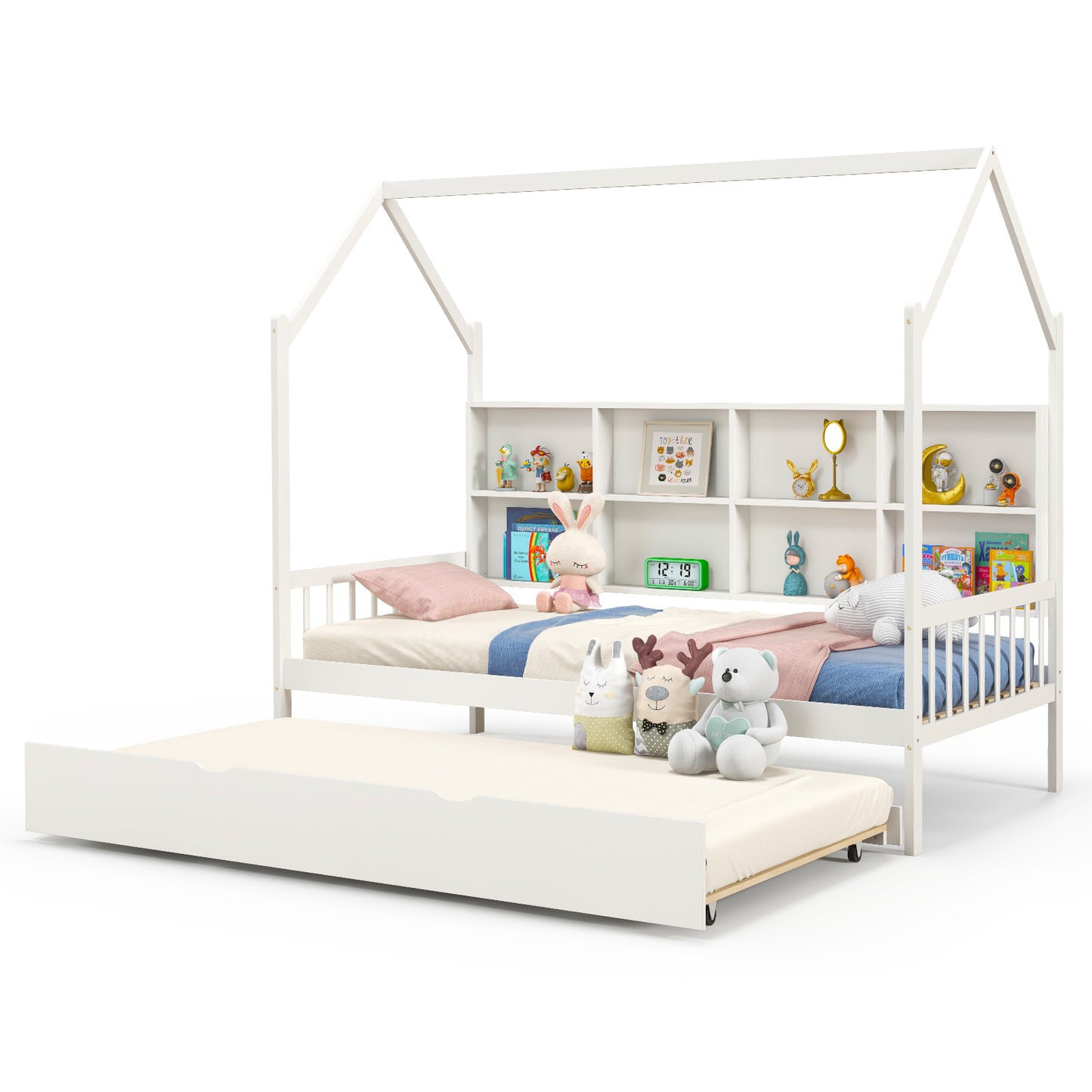Infans Twin House Daybed with Trundle Wooden Bed 8 Storage Shelf Compartments White