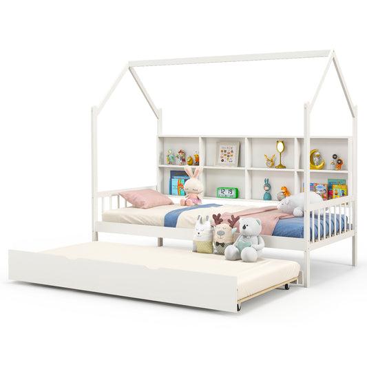 Infans Twin House Daybed with Trundle Wooden Bed 8 Storage Shelf Compartments White
