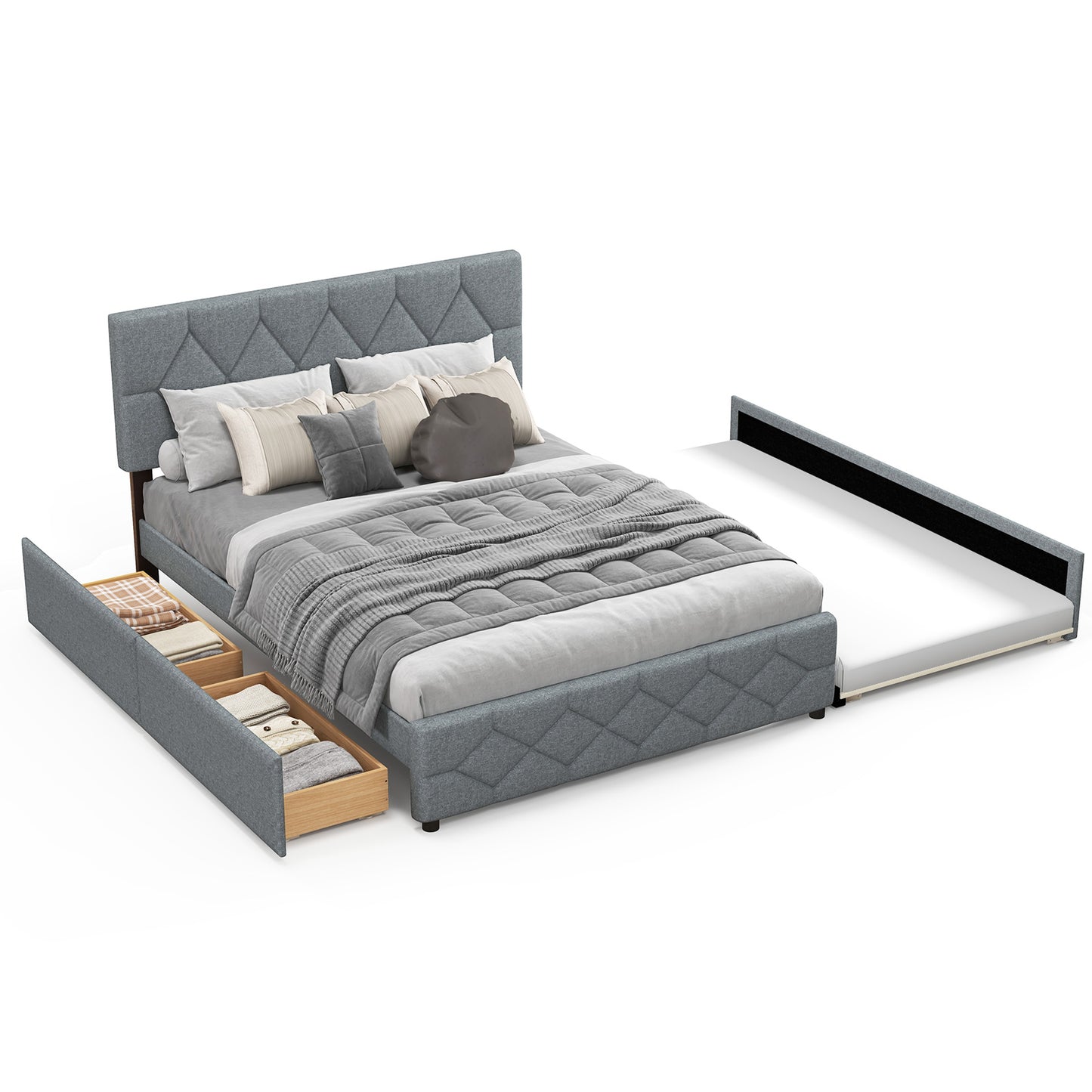 Infans Queen Upholstered Platform Bed with Twin XL Trundle and 2 Drawers Wooden Slats