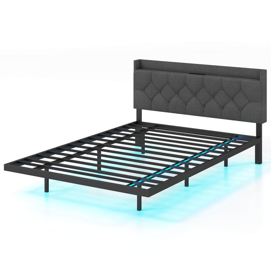 Infans Full Size Floating Bed Frame with LED Lights Adjustable Upholstered Headboard