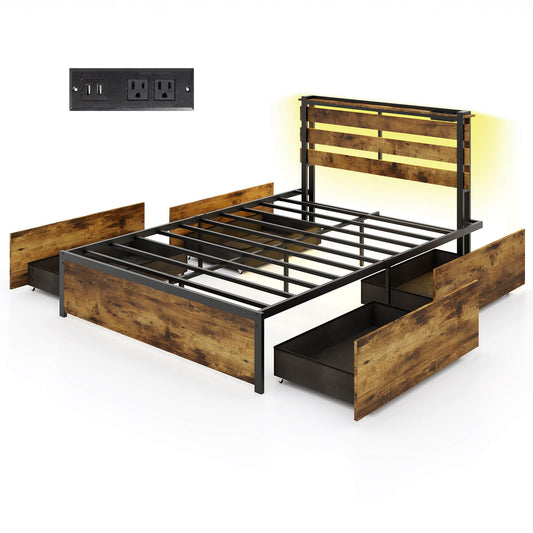 Infans Full Size Bed Frame w/ Drawers LED Lights Outlets & USB Ports Smart APP Control