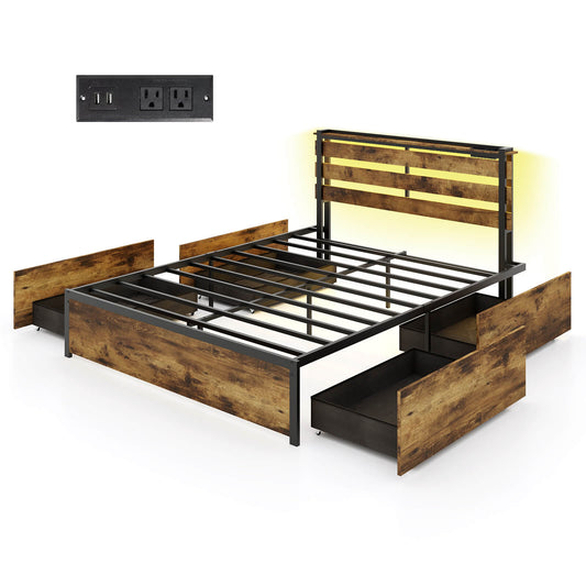 Infans Queen Size Bed Frame w/ Drawers LED Lights Outlets & USB Ports Smart APP Control