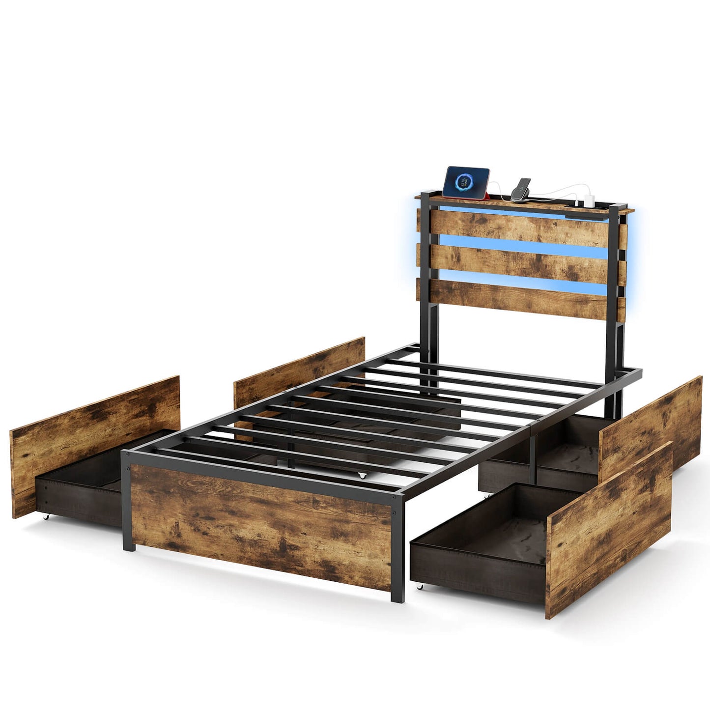 Infans Twin Size Bed Frame w/ Drawers LED Lights Outlets & USB Ports Smart APP Control