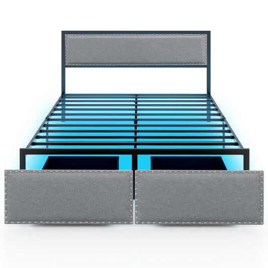 Infans Queen Size Bed Frame with 2 Storage Drawers LED Lights Slats Support Modern