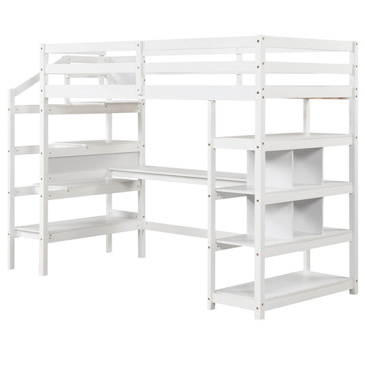 Infans Twin Size Loft Bed w/Desk & Storage Stairs Solid Wood Loft Bed Frame w/Shelves