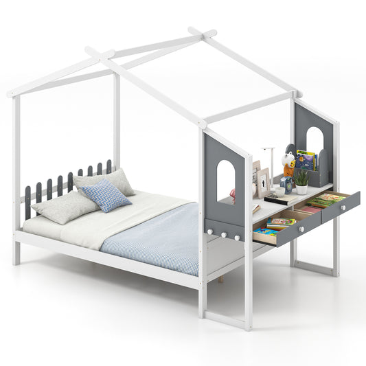 Infans Full Size Kids House Bed with Study Desk w/Removable Box Drawers Hanging Hooks
