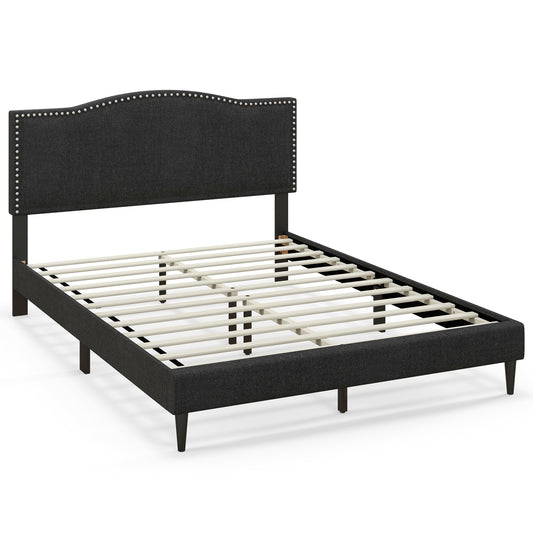Infans Queen Size Upholstered Bed Frame w/ Nailhead Trim Headboard Wooden Slats Support