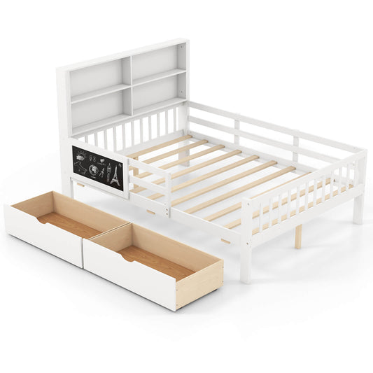 Infans Full Size Bed Frame with 2 Drawers Bookcase & Blackboard Full-length Guardrails