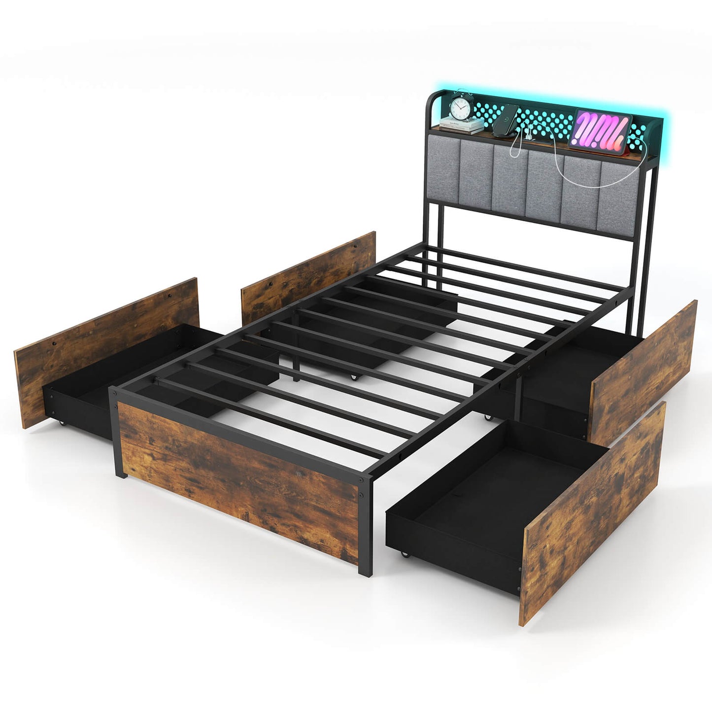 Infans Twin Size LED Bed Frame w/ Charging Station Upholstered Headboard 4 Drawers