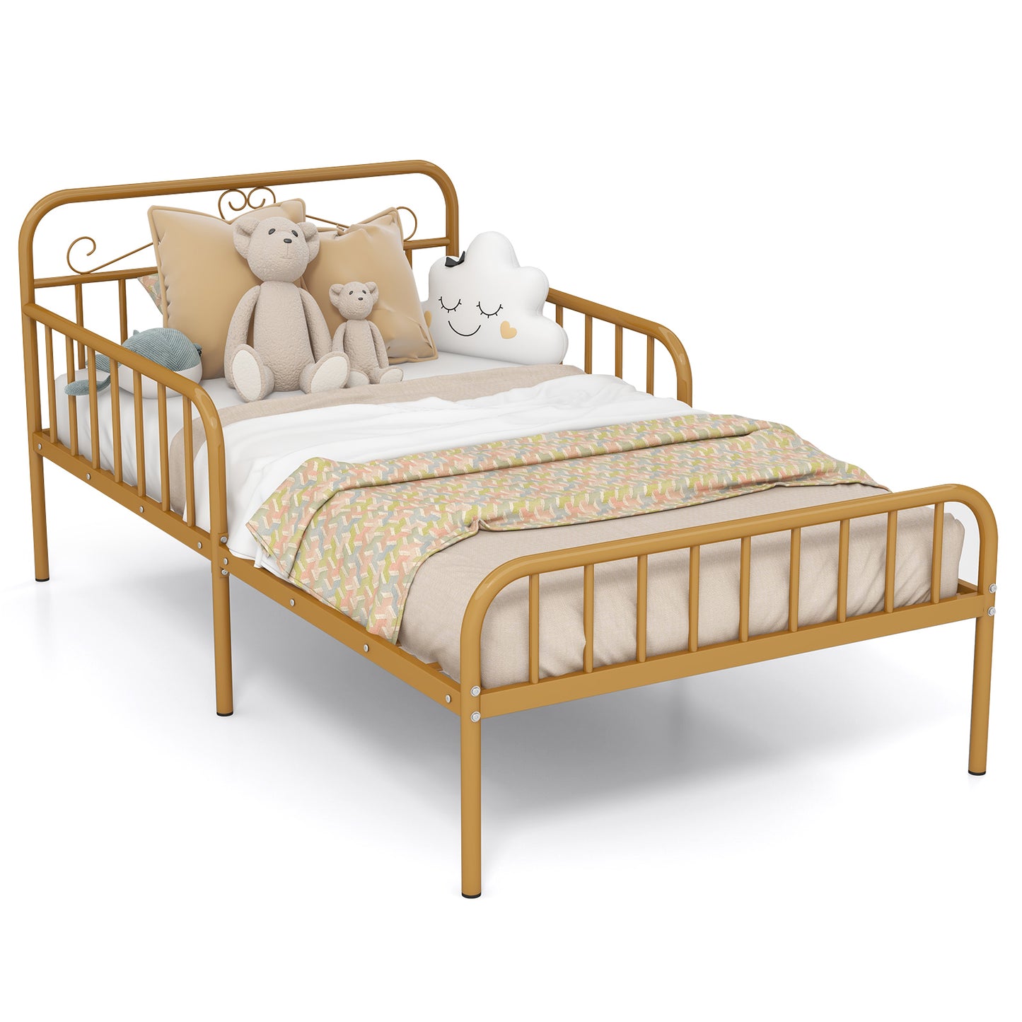 Infans Twin Size Metal Bed Frame Modern Platform Bed with Safety Guardrails HeadboardGold