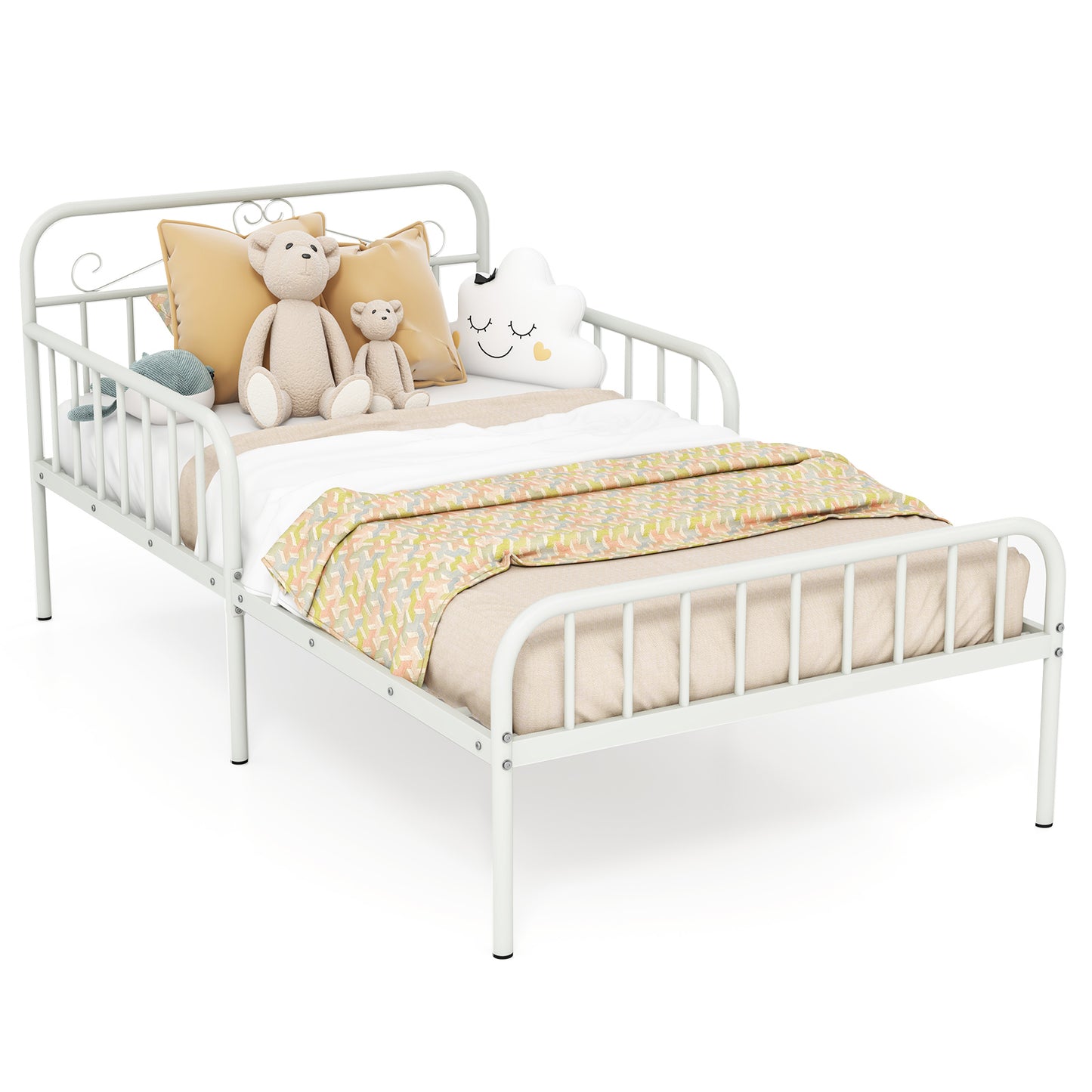 Infans Twin Size Metal Bed Frame Modern Platform Bed with Safety Guardrails HeadboardWhite