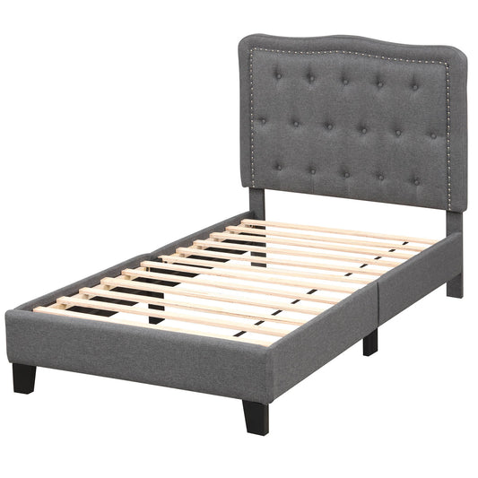 Infans Twin Size Bed Frame w/ 46 inch Tall Button Tufted Headboard Wooden Slats Support