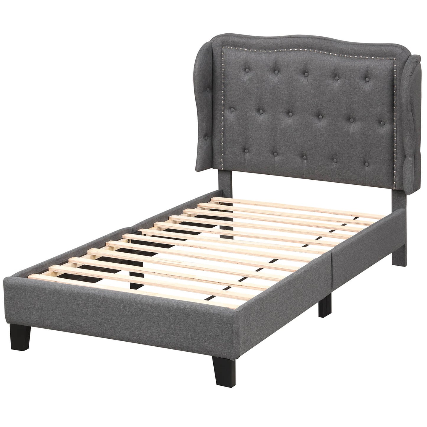 Infans Twin Size Bed Frame w/ Button Tufted Wingback Headboard Wooden Slats Support