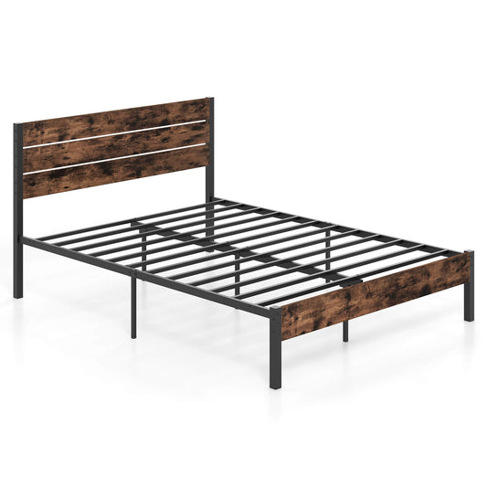 Infans Queen Bed Frame with Tall Industrial Headboard Heavy-Duty Metal Slats Support