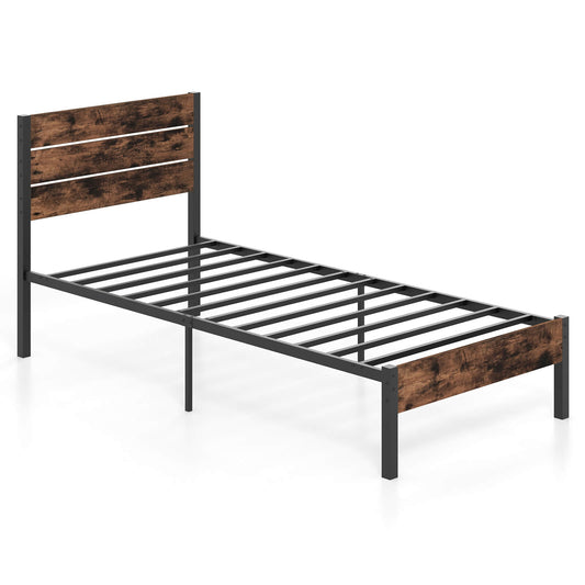 Infans Twin Bed Frame with Tall Industrial Headboard Heavy-Duty Metal Slats Support
