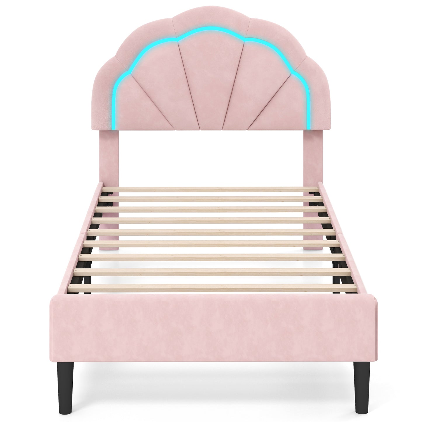 Infans Twin Size Upholstered LED Bed Frame Soft Velvet Platform Bed w/Flower Headboard