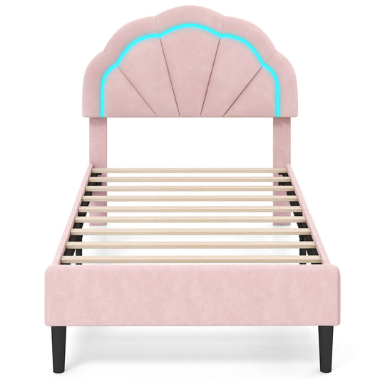 Infans Twin Size Upholstered LED Bed Frame Soft Velvet Platform Bed w/Flower Headboard