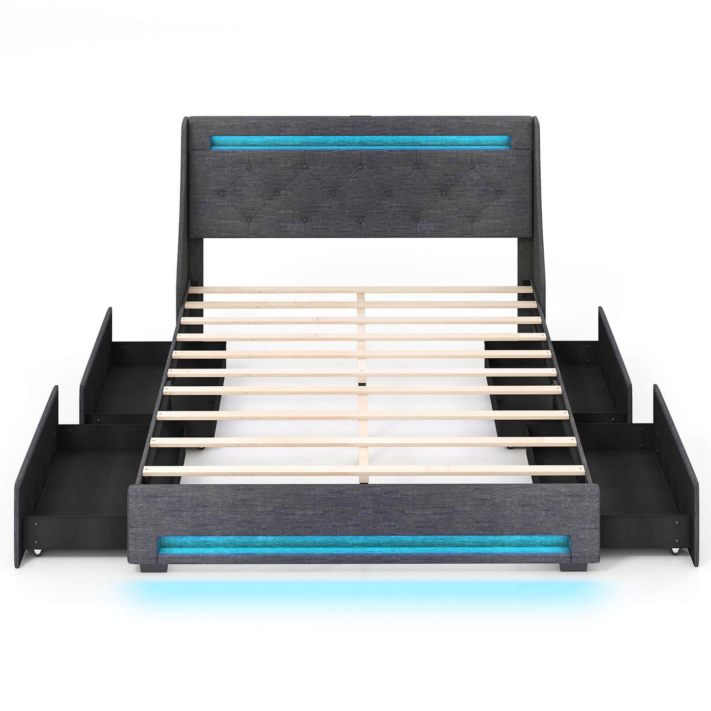 Infans Full Size Bed Frame w/ LED Lights & Charging Station Upholstered Platform Bed
