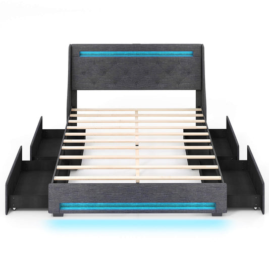 Infans Full Size Bed Frame w/ LED Lights & Charging Station Upholstered Platform Bed