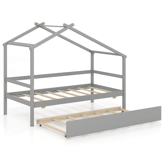 Infans Twin House Bed with Trundle with Roof and Fence Rails Wooden Platform Bed FrameGrey
