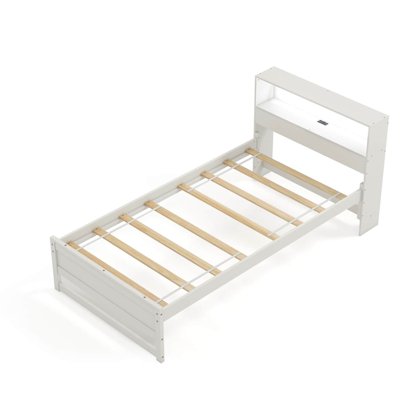 Infans Twin Size Wooden Bed Frame w/ Charging Station & LED Light Storage HeadboardWhite