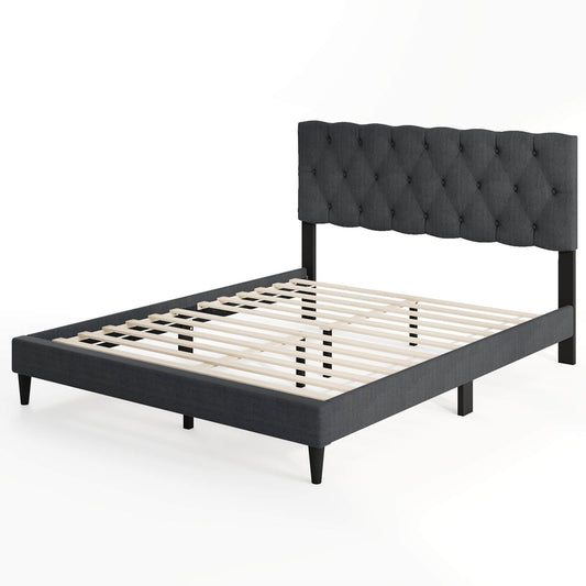 Infans Queen Size Bed Frame with Button-Tufted Headboard & Wooden Slats Easy Assembly