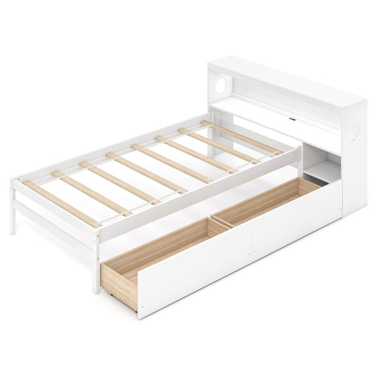 Infans Twin Size Bed Frame with LED Light & Power Outlet Bookcase Headboard DrawersWhite