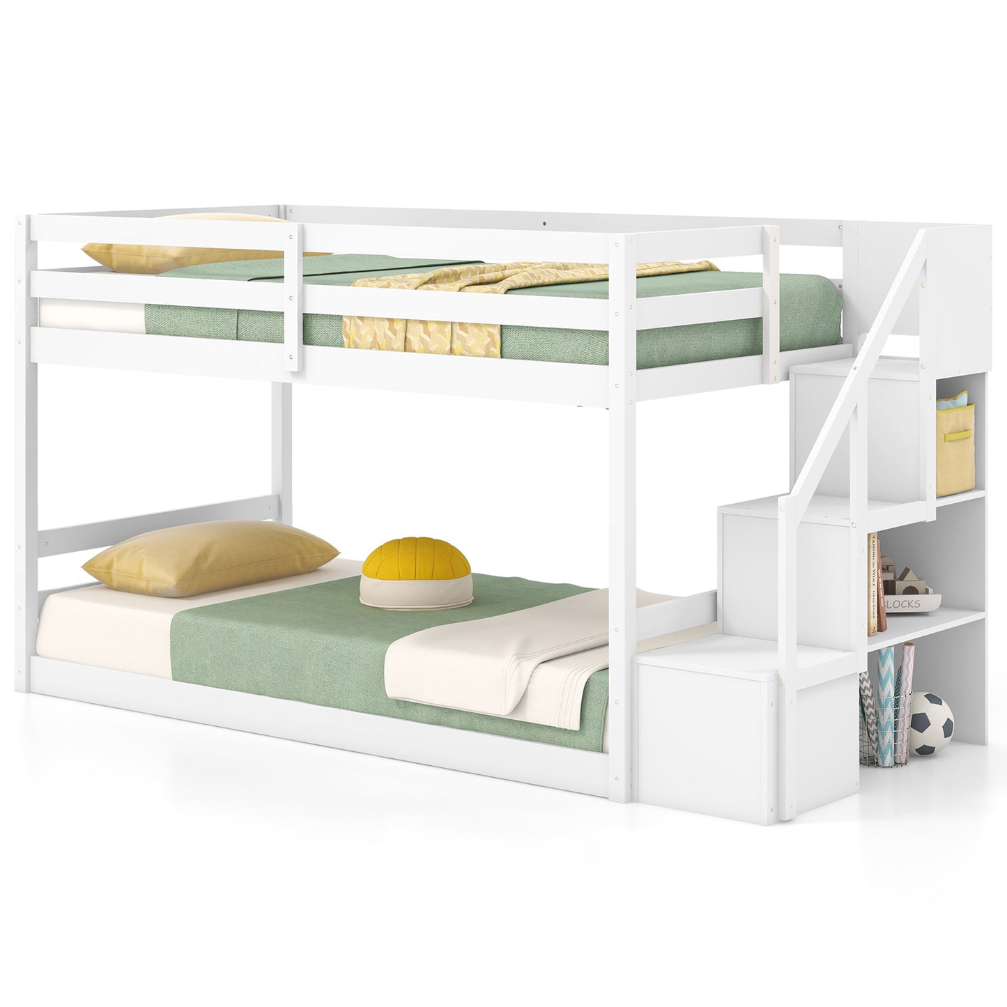 Infans Twin Over Twin Low Bunk Bed Solid Wood Floor Bunk Bed Frame with Storage Stairs
