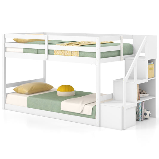 Infans Twin Over Twin Low Bunk Bed Solid Wood Floor Bunk Bed Frame with Storage Stairs