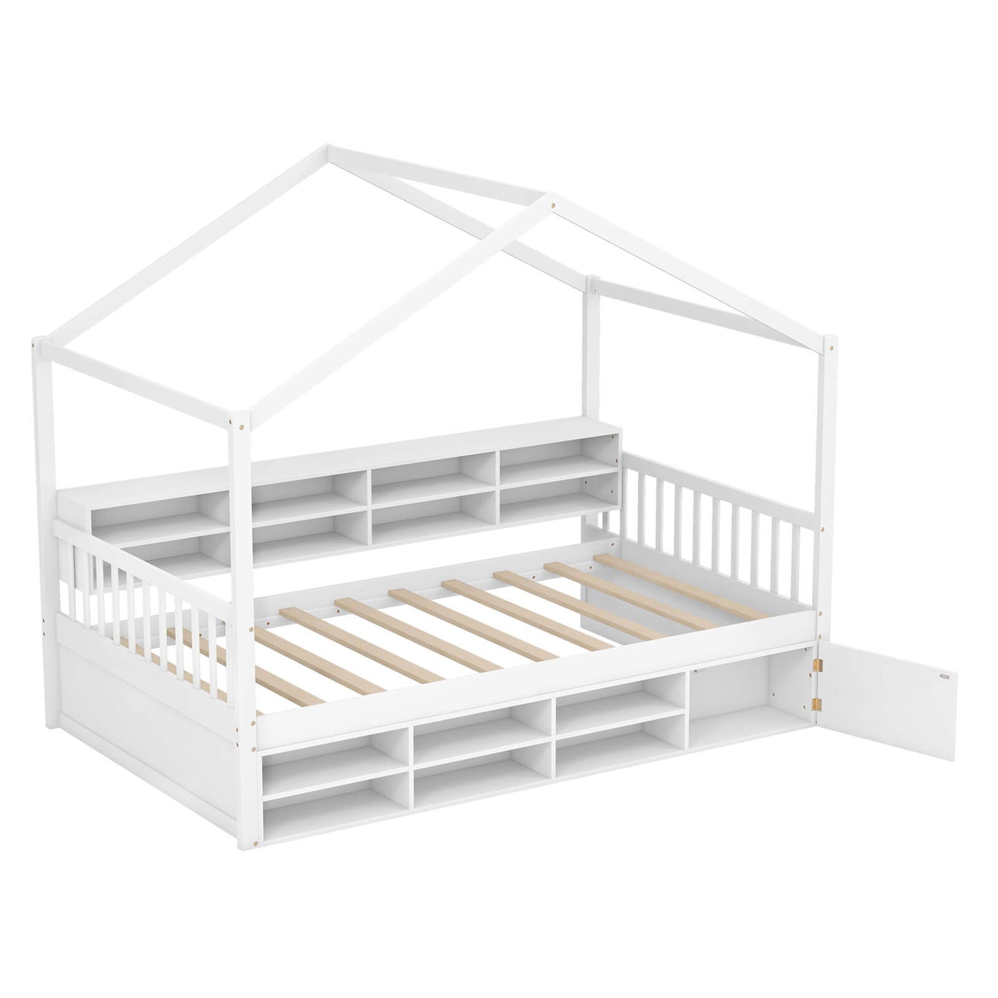 Infans Twin Size House Bed Wooden Platform Bed Frame with Roof & 14 Storage CubesWhite