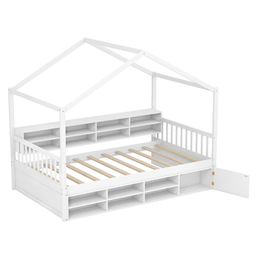 Infans Twin Size House Bed Wooden Platform Bed Frame with Roof & 14 Storage CubesWhite