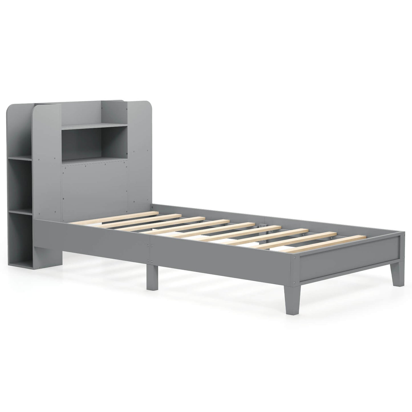 Infans Twin Size Bed Frame Wooden Platform Bed Kids Bed Frame with Bookcase HeadboardGray