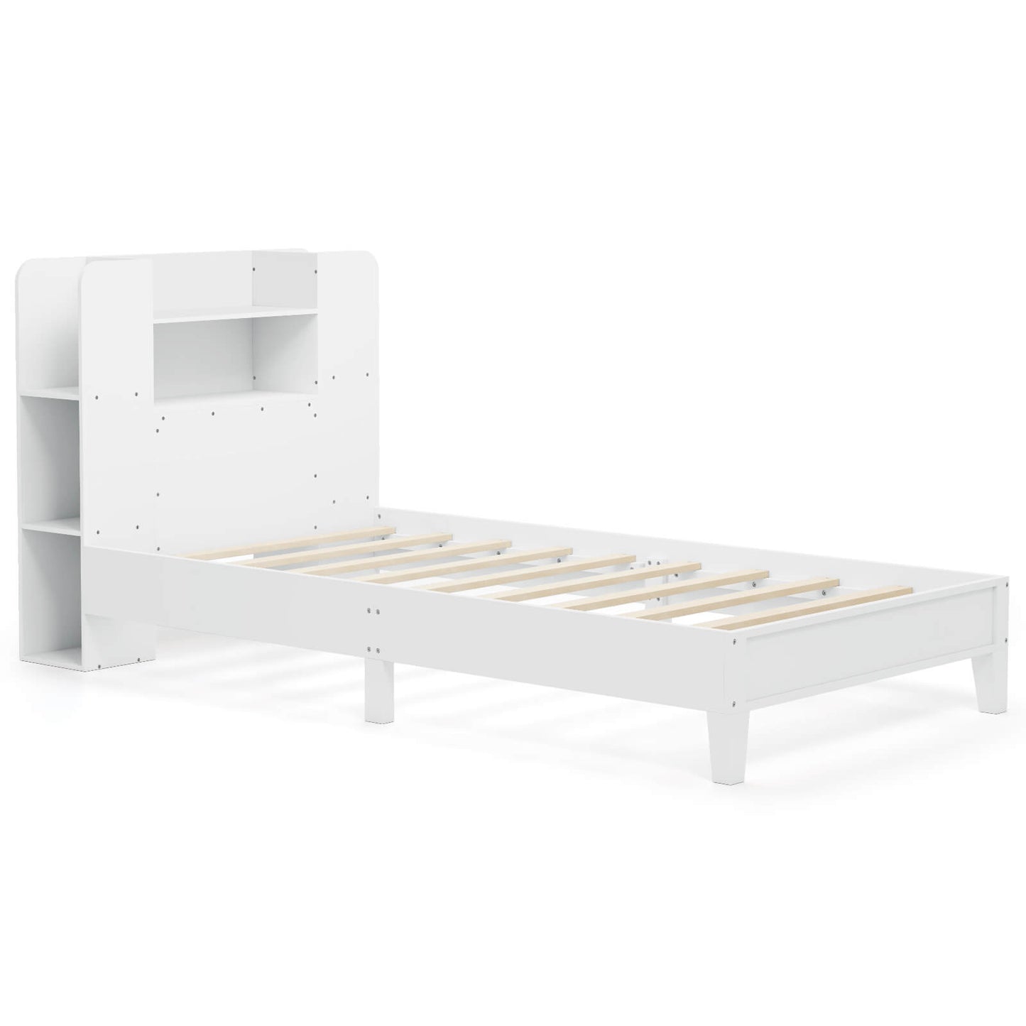 Infans Twin Size Bed Frame Wooden Platform Bed Kids Bed Frame with Bookcase HeadboardWhite