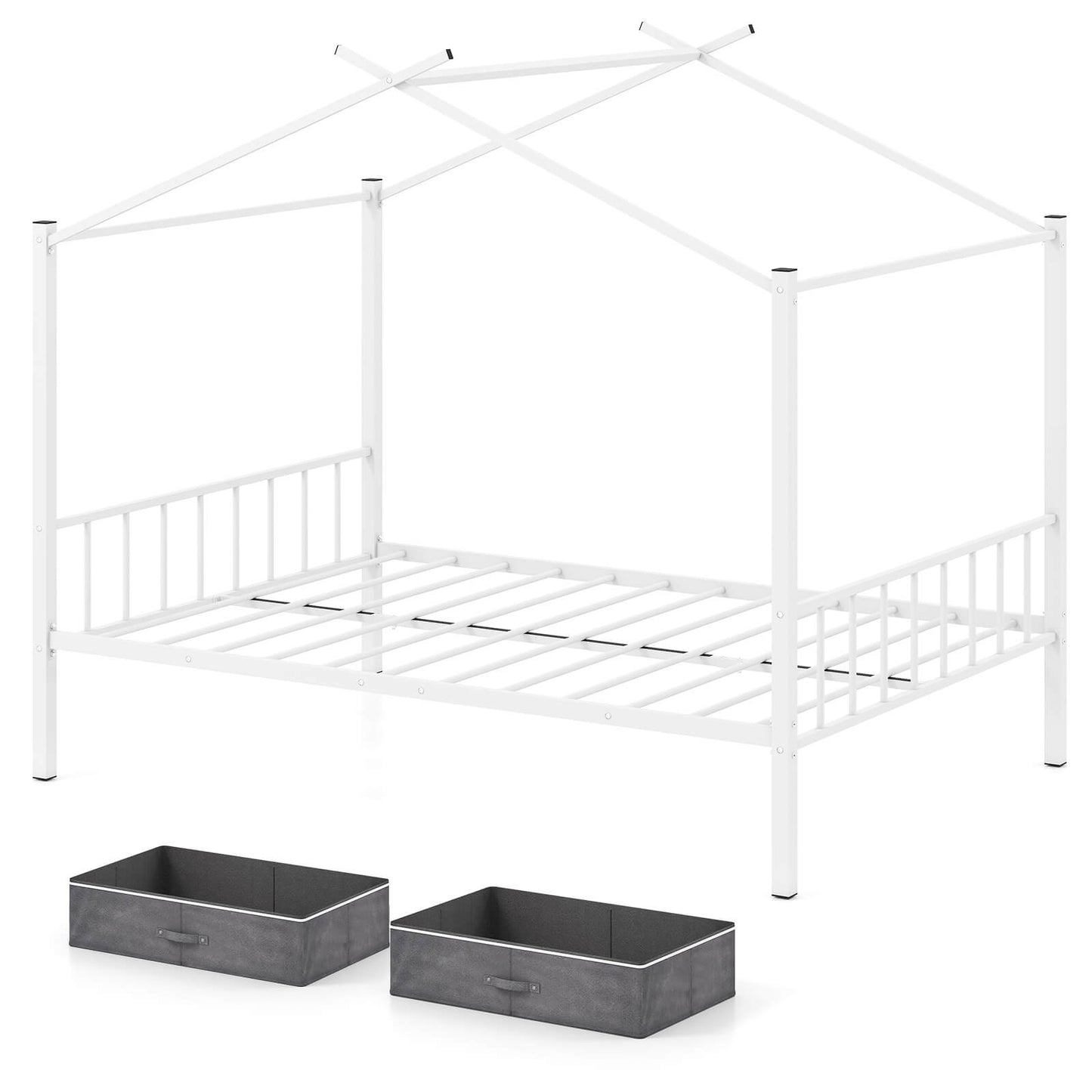 Infans Full Size Metal House Bed with 2 Fabric Drawers Heavy-Duty Platform Bed White