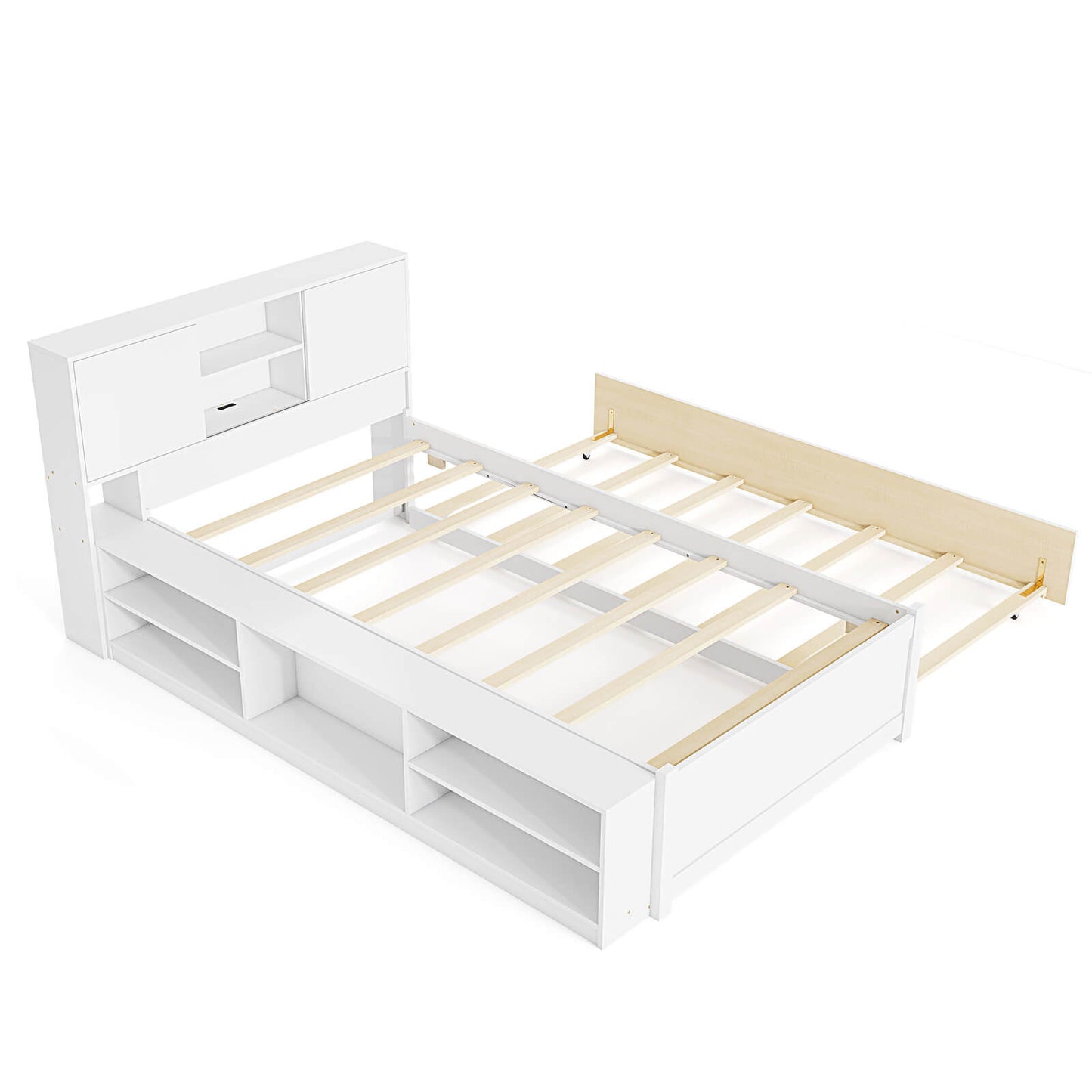 Infans Twin Size Bed Frame with Trundle & Power Outlet Bookcase Headboard Sliding Doors