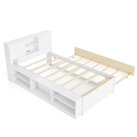 Infans Twin Size Bed Frame with Trundle & Power Outlet Bookcase Headboard Sliding Doors