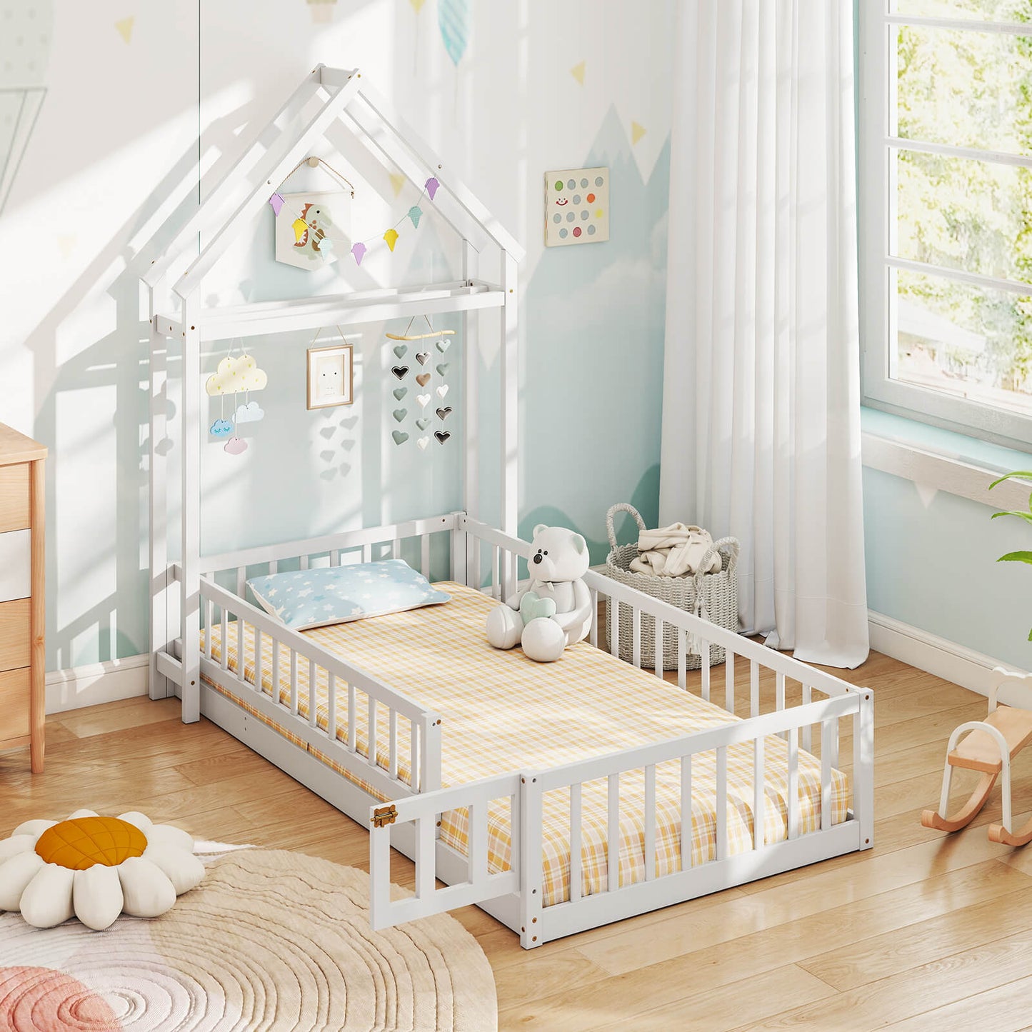 Infans Twin Size House Floor Bed with House-shaped Headboard Clothes Hanger without SlatsWhite