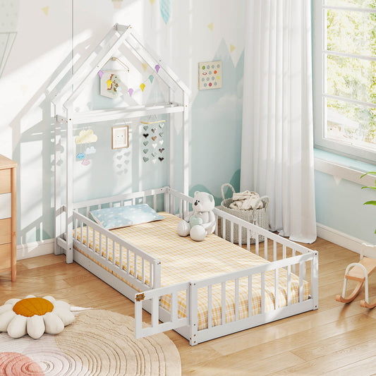 Infans Twin Size House Floor Bed with House-shaped Headboard Clothes Hanger without SlatsWhite