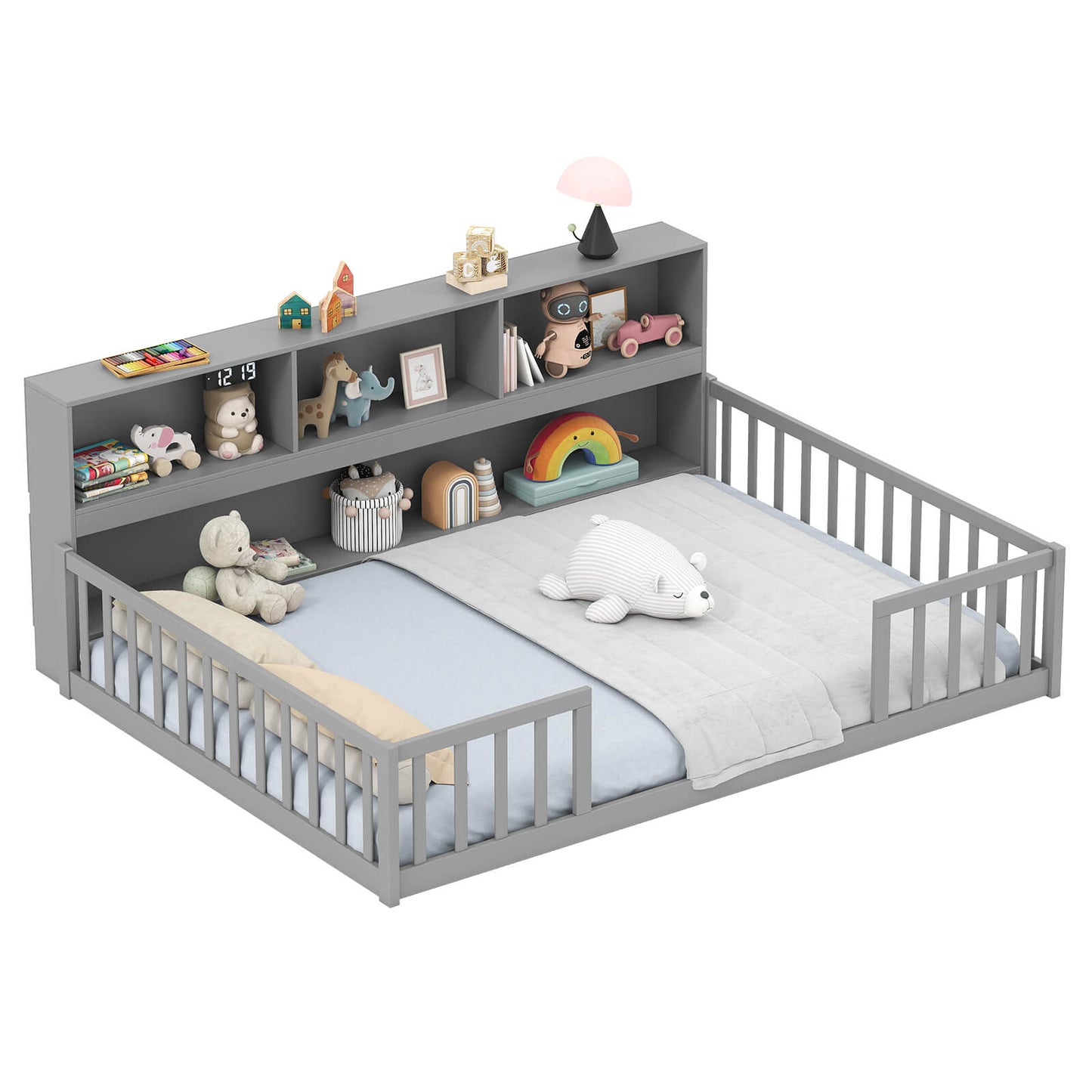 Infans Full Size Montessori Floor Bed withBookcase Storage Shelves and Safety Fence RailsGray
