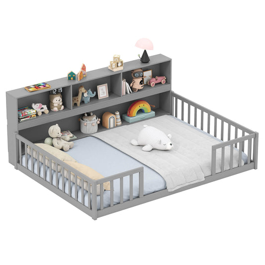 Infans Full Size Montessori Floor Bed withBookcase Storage Shelves and Safety Fence RailsGray