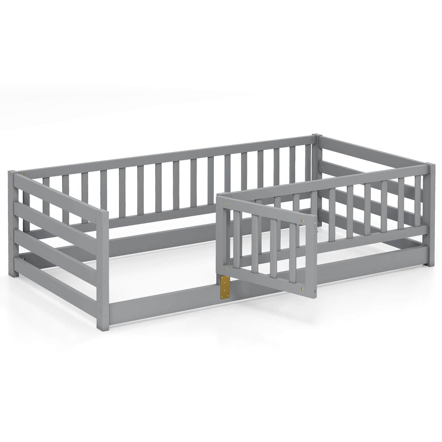 Infans Twin Size Floor Bed with High Fence and Door Safety Guardrails Wood Floor Bed FrameGray