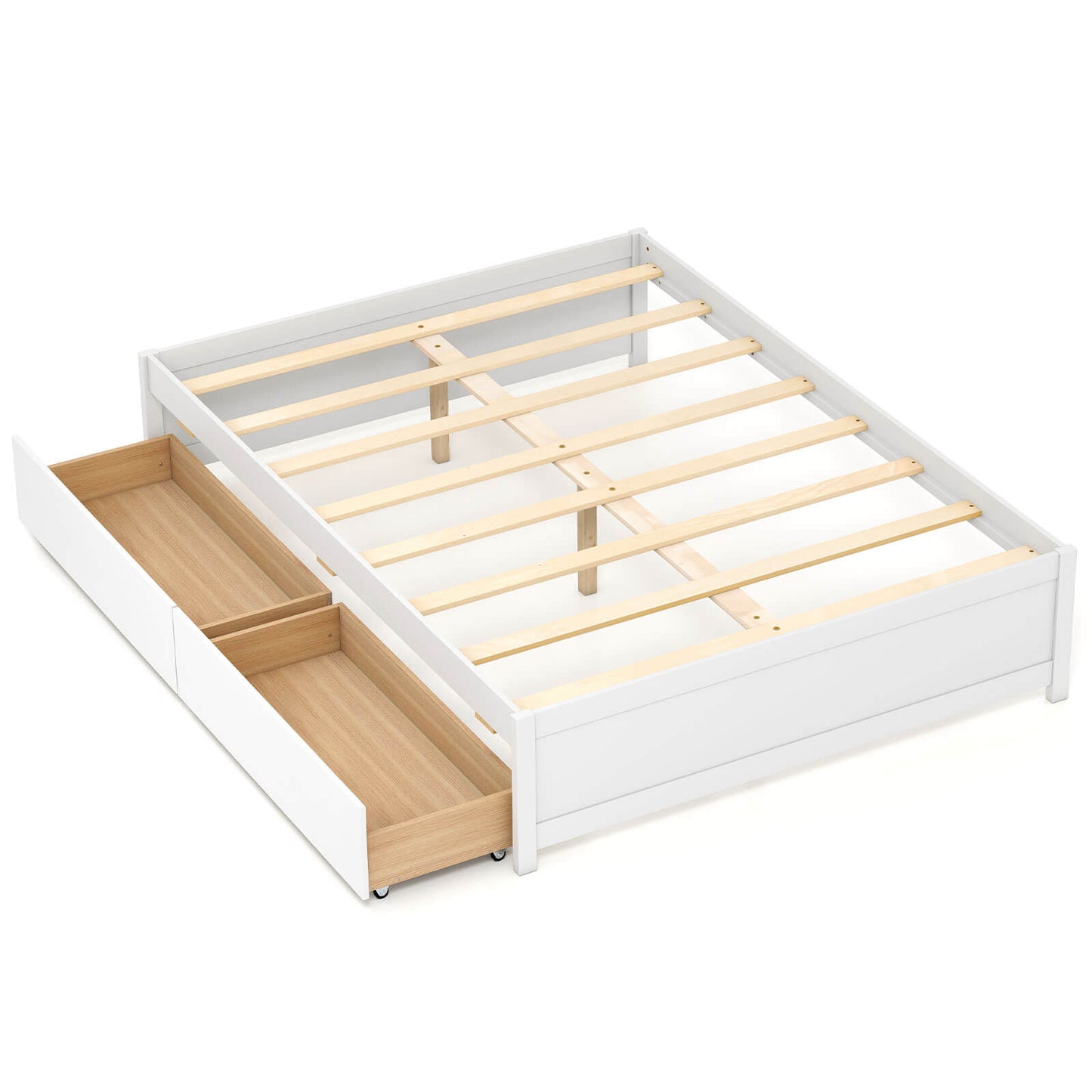 Infans Full Size Wooden Platform Bed with 2 Rolling Storage Drawers Wood Slat SupportWhite