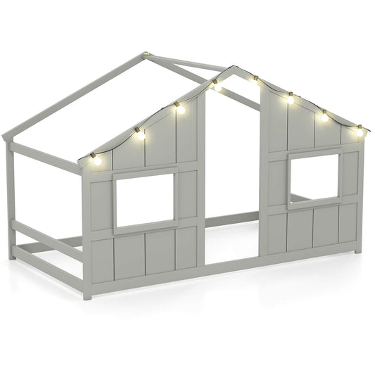 Infans Twin Size House Floor Bed with LED Lights Solid Wood Bed Frame without SlatsGrey