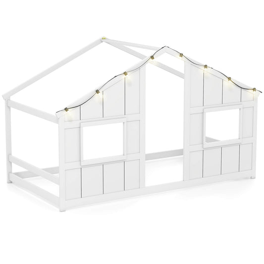 Infans Twin Size House Floor Bed with LED Lights Solid Wood Bed Frame without SlatsWhite