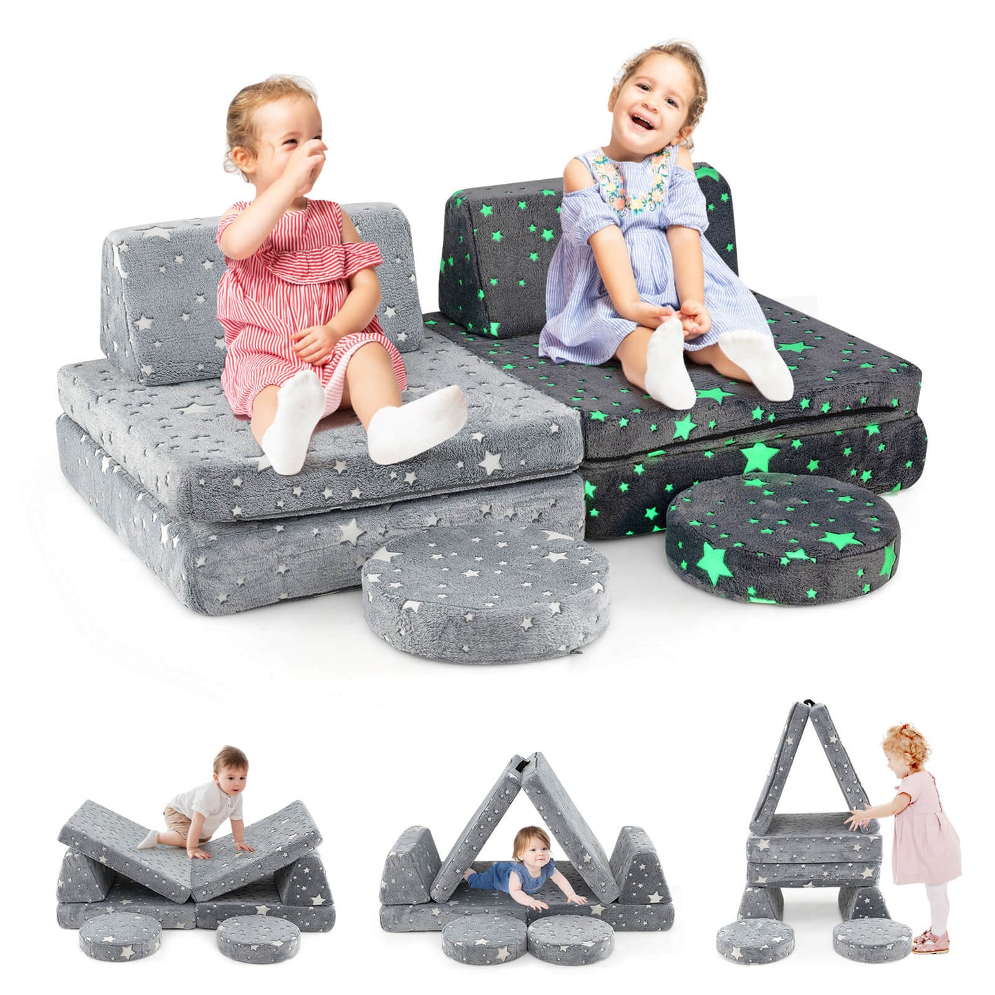 Infans Glow in the Dark Modular Kids Play Couch Set w/ Machine-washable Flannel CoversGray